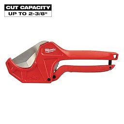 Milwaukee PVC Pipe Cutter in red with sharp steel blade, designed for cutting pipes up to 2-3/8 inches in diameter.
