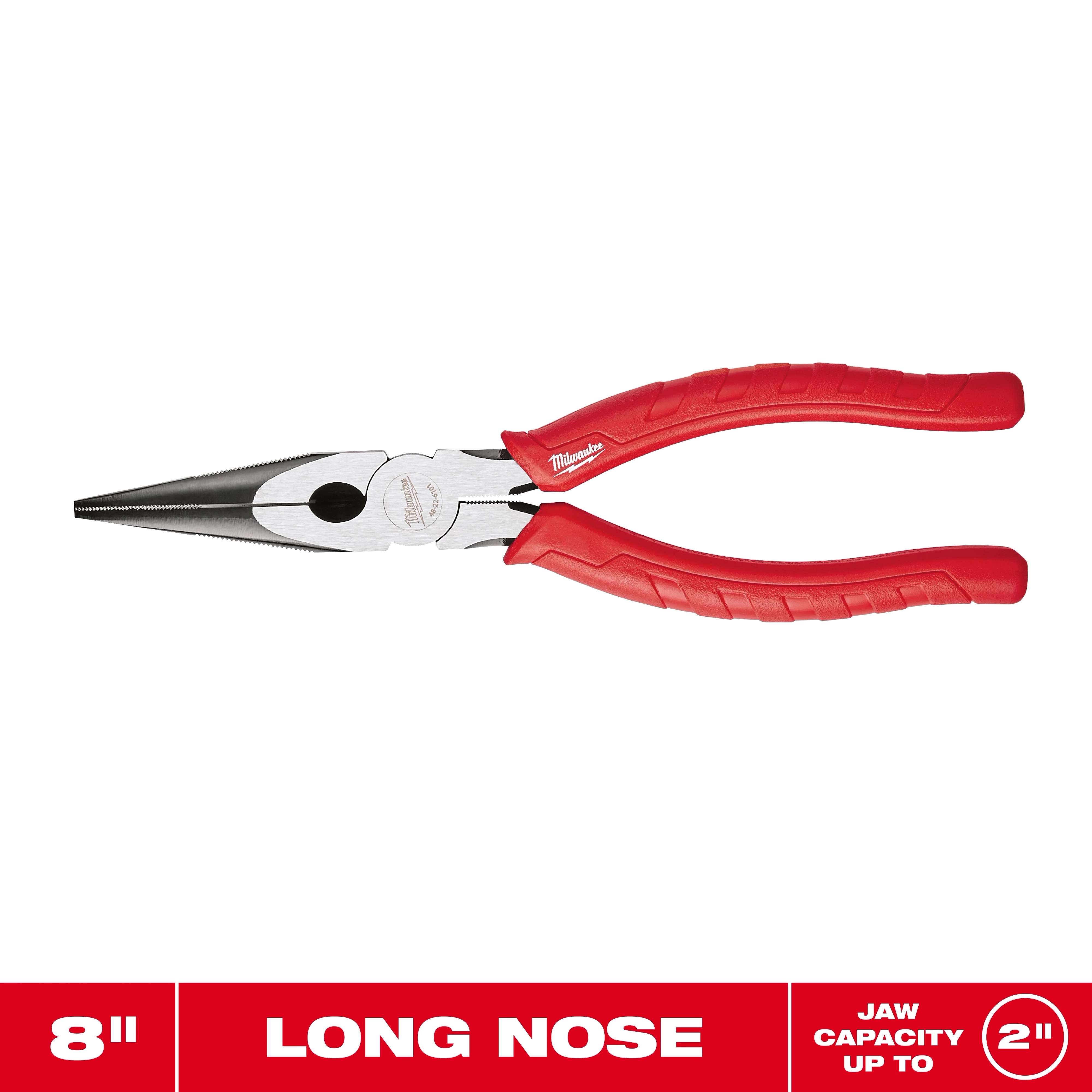 8" Long Nose Pliers with red handles and metal jaws centered on a white background.