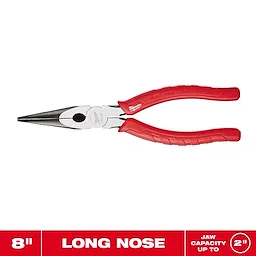 8" Long Nose Pliers with red handles and metal jaws centered on a white background.