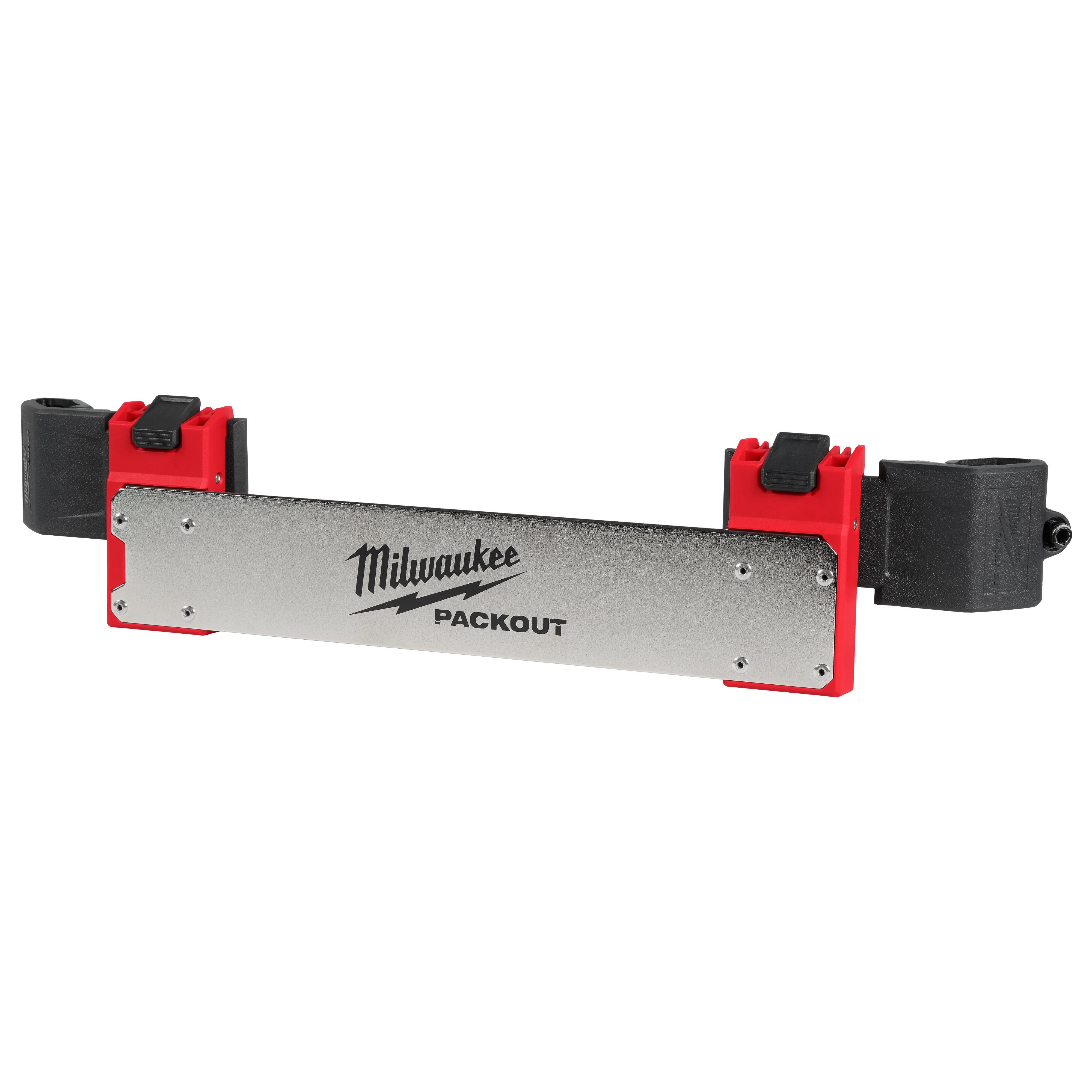The PACKOUT Tool Box Belt Clip Rack Attachment is a rectangular metal tool holder with red accents and black clips at both ends. It is designed for secure attachment to a toolbox.