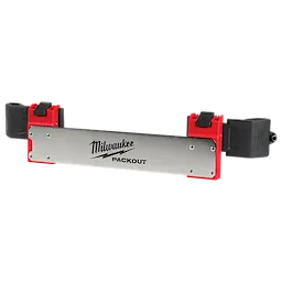 The PACKOUT Tool Box Belt Clip Rack Attachment is a rectangular metal tool holder with red accents and black clips at both ends. It is designed for secure attachment to a toolbox.
