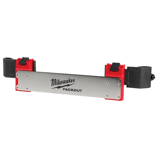 The PACKOUT Tool Box Belt Clip Rack Attachment is a rectangular metal tool holder with red accents and black clips at both ends. It is designed for secure attachment to a toolbox.