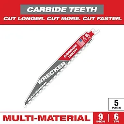 The product is a Sawzall Bi-Metal Carbide Primary Wrecker Blade. It features carbide teeth, measures 9 inches, has 6 teeth per inch, and is designed for multi-material cutting. The package includes 5 blades.