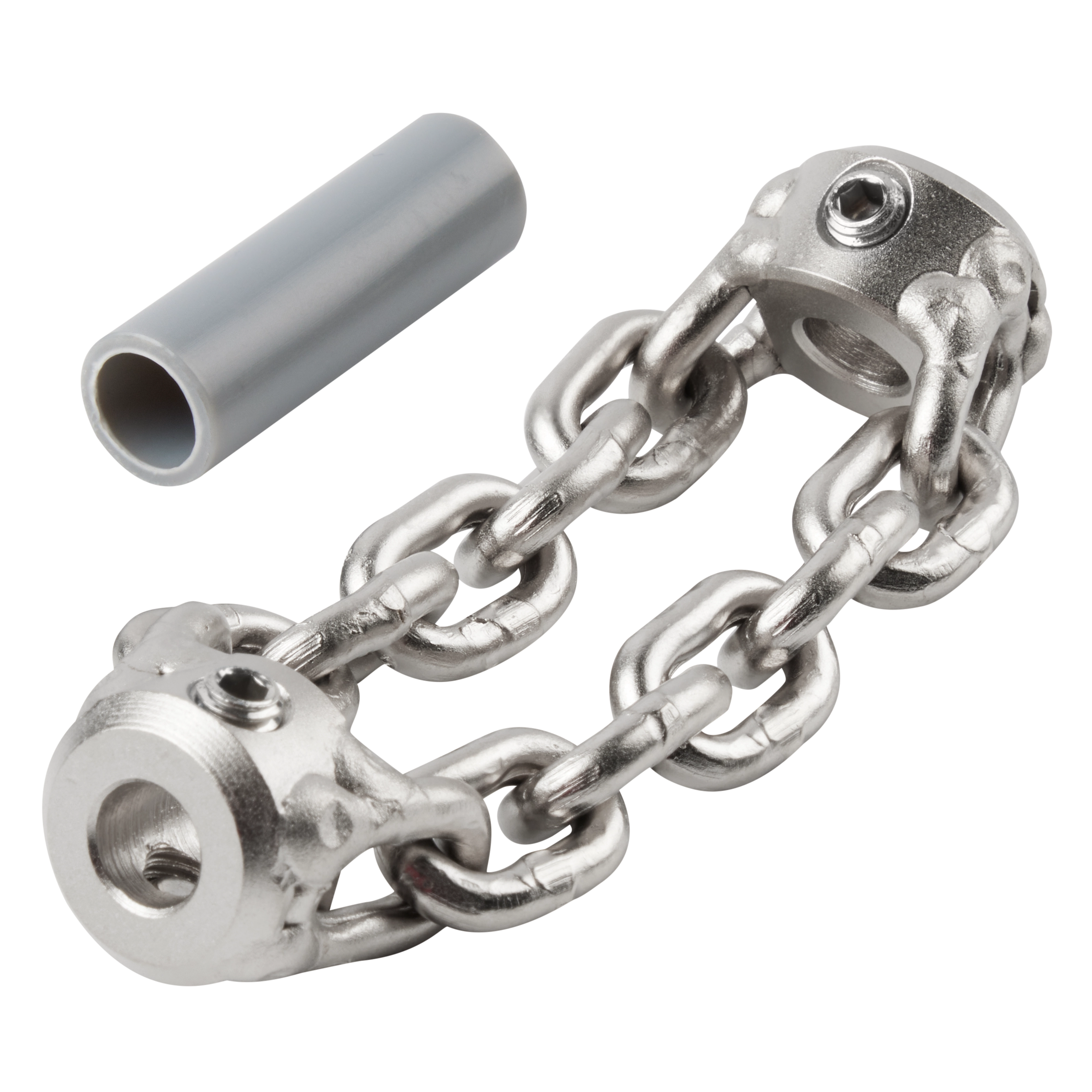 The image shows a 2" Standard Chain Knocker for 5/16" Chain Snake Cable. The tool consists of interlinked metal chains with circular end connectors and a gray cylindrical sleeve beside it.