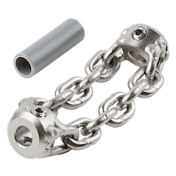 The image shows a 2" Standard Chain Knocker for 5/16" Chain Snake Cable. The tool consists of interlinked metal chains with circular end connectors and a gray cylindrical sleeve beside it.