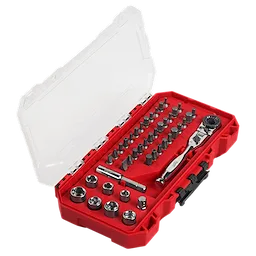 44pc. 1/4” Hex Drive Mini Flex Head Ratchet & Bit Set in a red plastic case with a transparent lid. Contains bits, sockets, and a ratchet.