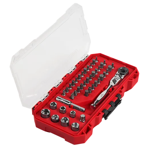 44pc. 1/4” Hex Drive Mini Flex Head Ratchet & Bit Set in a red plastic case with a transparent lid. Contains bits, sockets, and a ratchet.