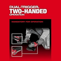 M18 FUEL™ 4 1/2" - 6" Dual Trigger Braking Grinder with Paddle Switch and ONE-KEY™ displayed with instructions for dual-trigger, two-handed operation. Red and black tool requires both hands on grips for mandatory operation as shown in illustrated guide.