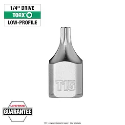 1/4" Drive T15 Low-Profile TORX Bit Socket shown with a lifetime guarantee and a green TORX label.