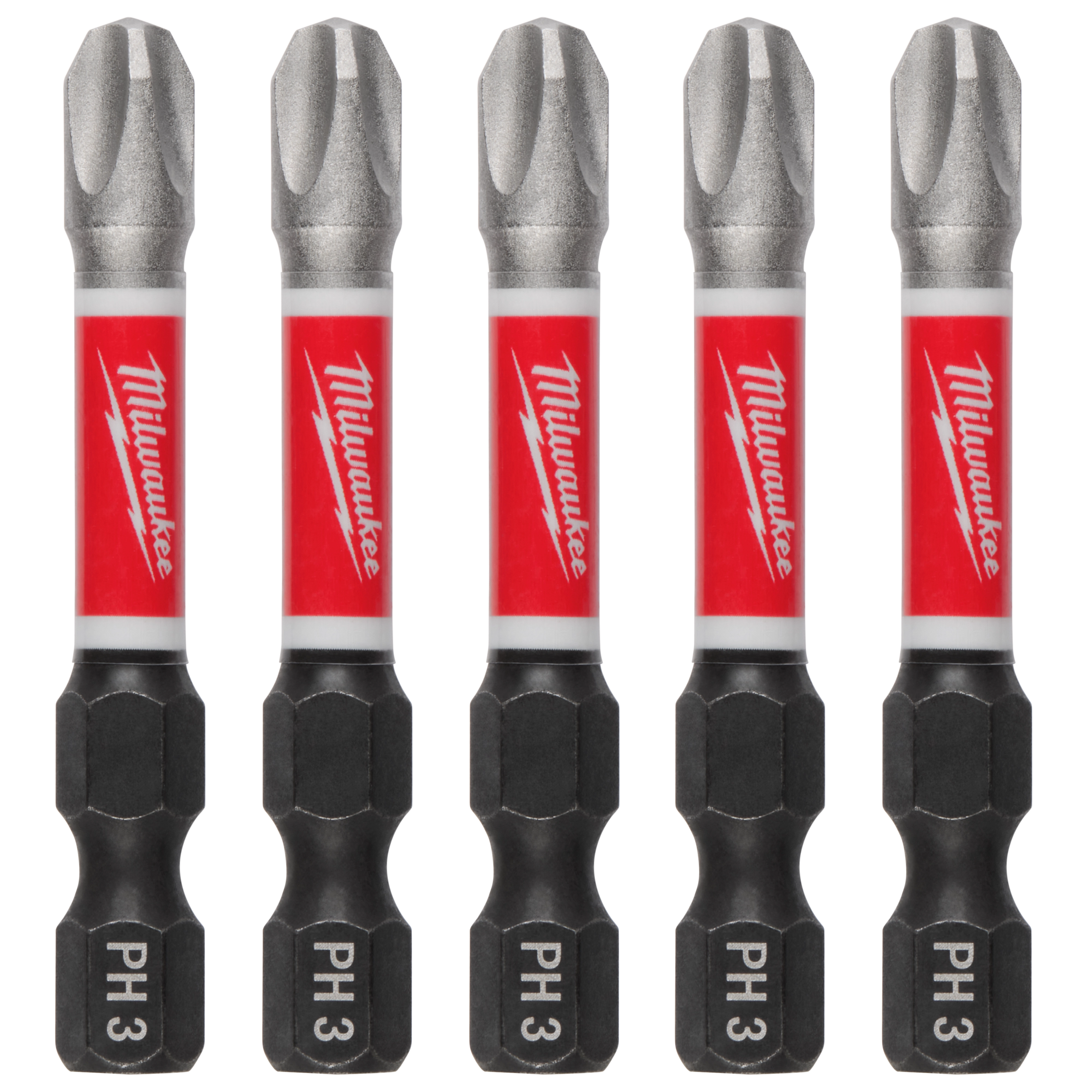 The image shows five SHOCKWAVE™ 2" Impact Phillips #3 Power Bits (5 PK) arranged vertically. Each bit has a silver tip, red Milwaukee-branded middle section, and black base marked "PH 3."