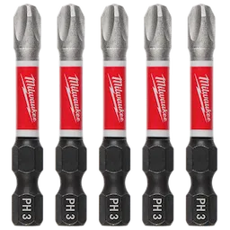 The image shows five SHOCKWAVE™ 2" Impact Phillips #3 Power Bits (5 PK) arranged vertically. Each bit has a silver tip, red Milwaukee-branded middle section, and black base marked "PH 3."