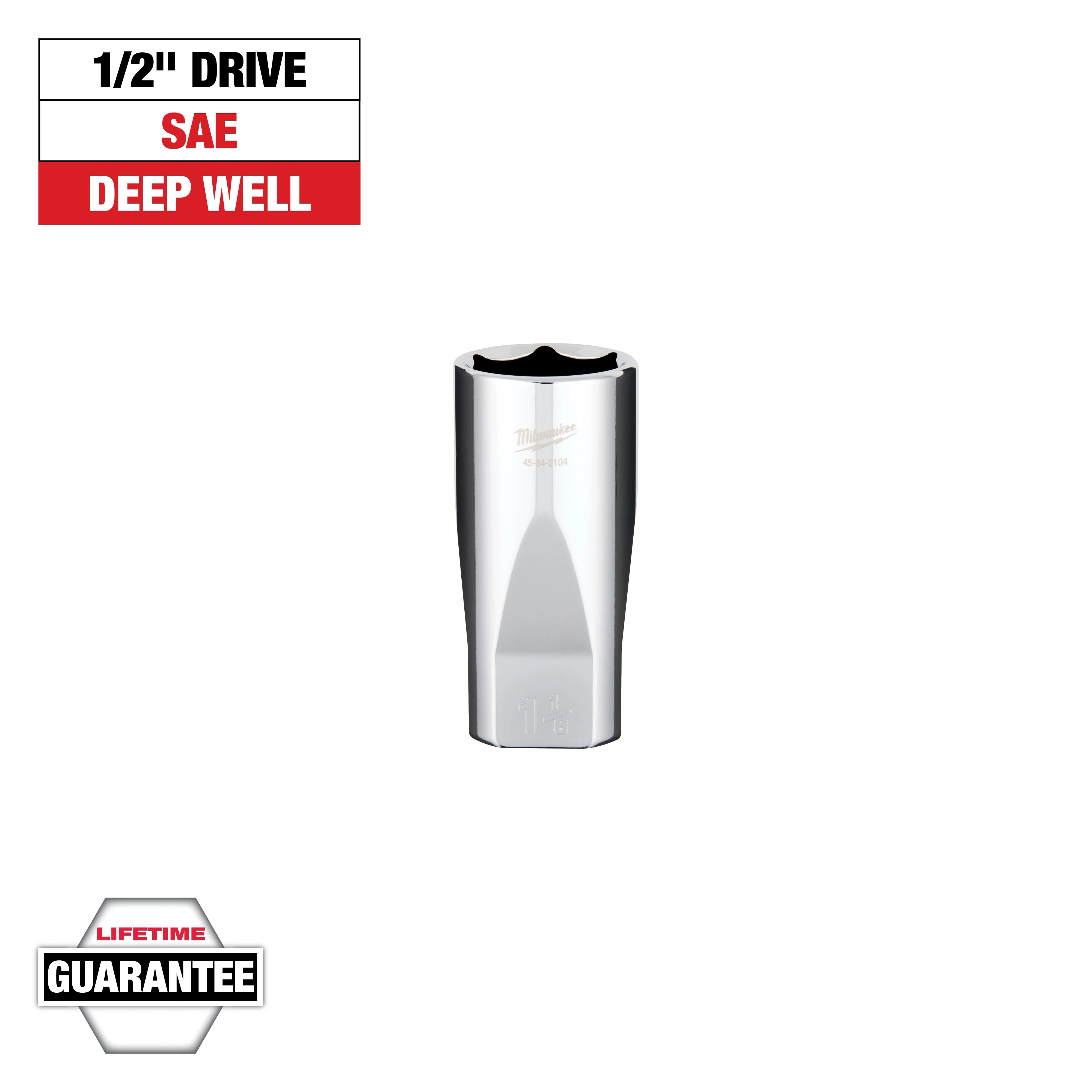 The image shows a chrome Milwaukee 1/2" drive SAE deep well socket. Above it, a label reads "1/2" Drive SAE Deep Well", and below it, a badge states "Lifetime Guarantee". The socket is designed for effectively handling fasteners in deep recesses.