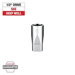 The image shows a chrome Milwaukee 1/2" drive SAE deep well socket. Above it, a label reads "1/2" Drive SAE Deep Well", and below it, a badge states "Lifetime Guarantee". The socket is designed for effectively handling fasteners in deep recesses.