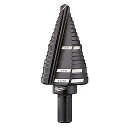 The image displays a Milwaukee %23%20%2011%20Step%20Drill%20Bit with multiple marked step sizes, ranging from 1/8 to 7/8 inches, for incremental drilling. The bit is designed with a hex shank for secure attachment to a drill.