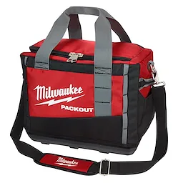 Milwaukee 15” PACKOUT Tool Storage Bag, red and black with gray handles and detachable shoulder strap. Locking zipper closure.