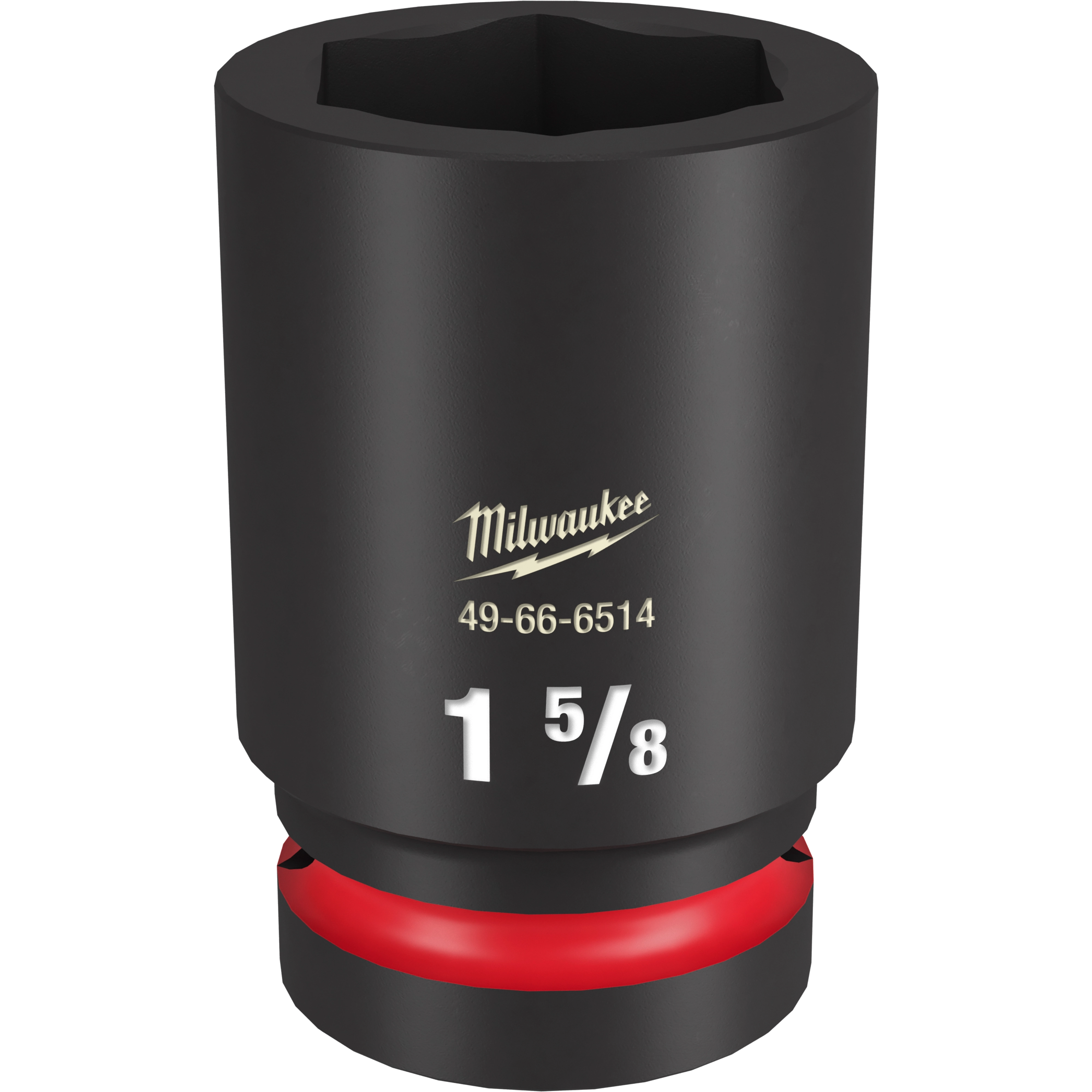 The 1" DR 1-5/8 Deep Impact Socket is a black, heavy-duty tool with the brand name and model number 49-66-6514 etched in gold and white. It features a distinctive red ring near the base for easy identification.