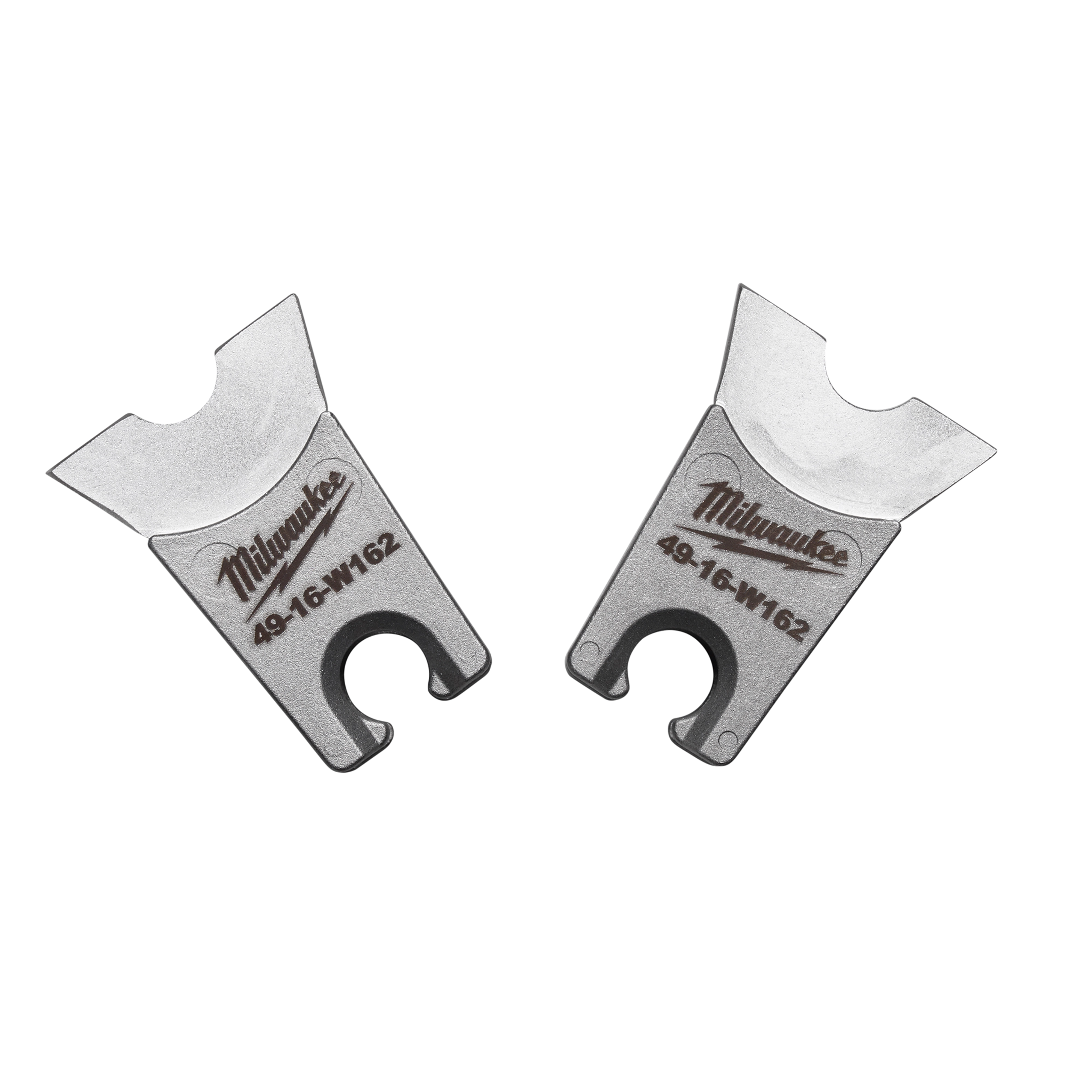 Two W Style: W-162 Dies, silver in color, designed for cutting applications. Each die features a notched, rounded end and a triangular cutout, with the manufacturer’s logo and product code 49-16-W162 etched onto the body.