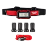 The Milwaukee® Rechargeable Magnetic Headlamp and Task Light set includes a red and black headlamp, four mounting clips, and a red USB charging cable. The headlamp features an LED light with a protective casing and an adjustable head strap.