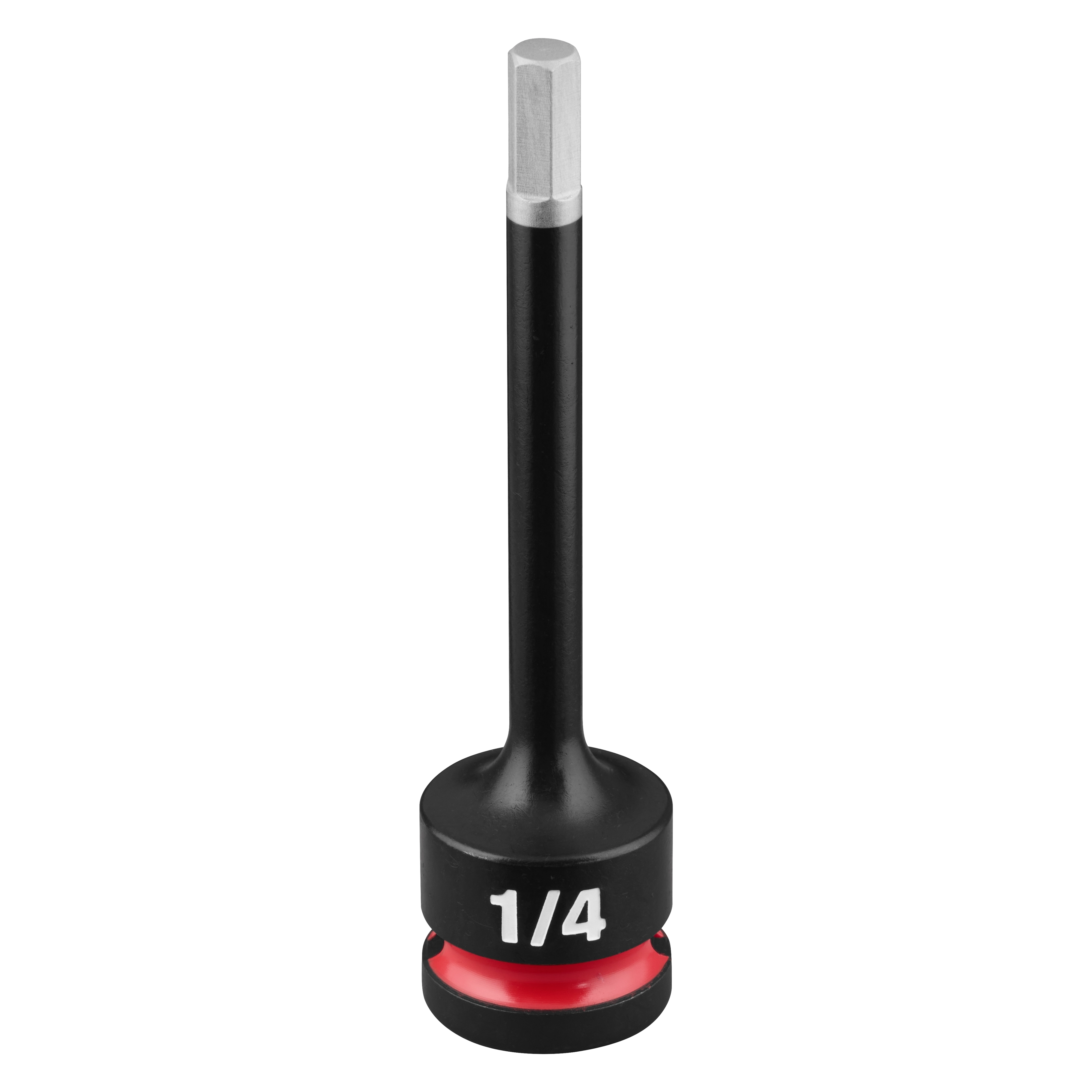 SHOCKWAVE Impact Duty 1/2" Drive 4" Hex 1/4" Bit Socket standing upright with 1/4 marking and red band near base.