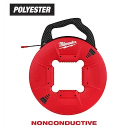 Red 200% Polyester Fish Tape with Non-conductive tip, featuring a black handle and "Milwaukee" branding. "Polyester" label and "Nonconductive" text displayed.