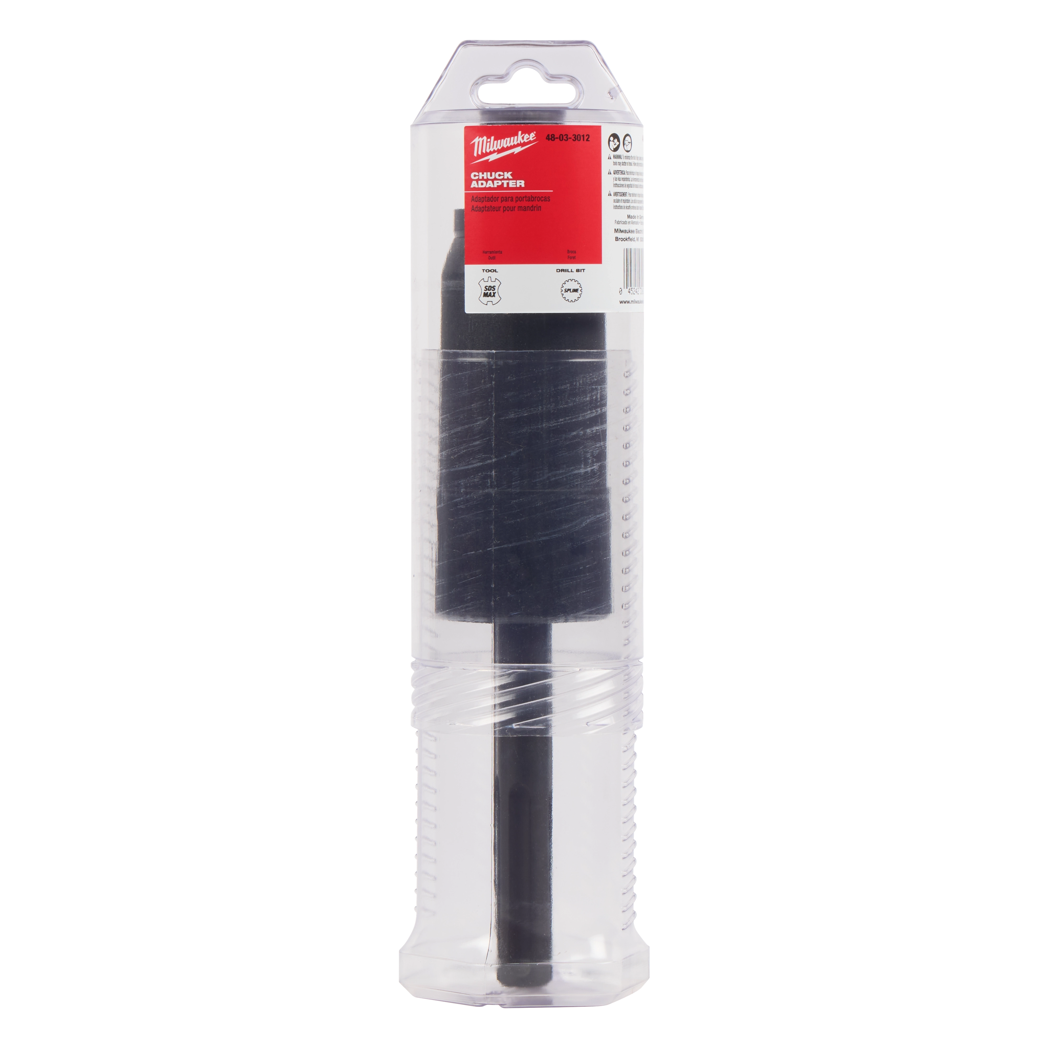 SDS Max to Spline Adapter in black, packaged in a transparent plastic casing with a red label at the top.