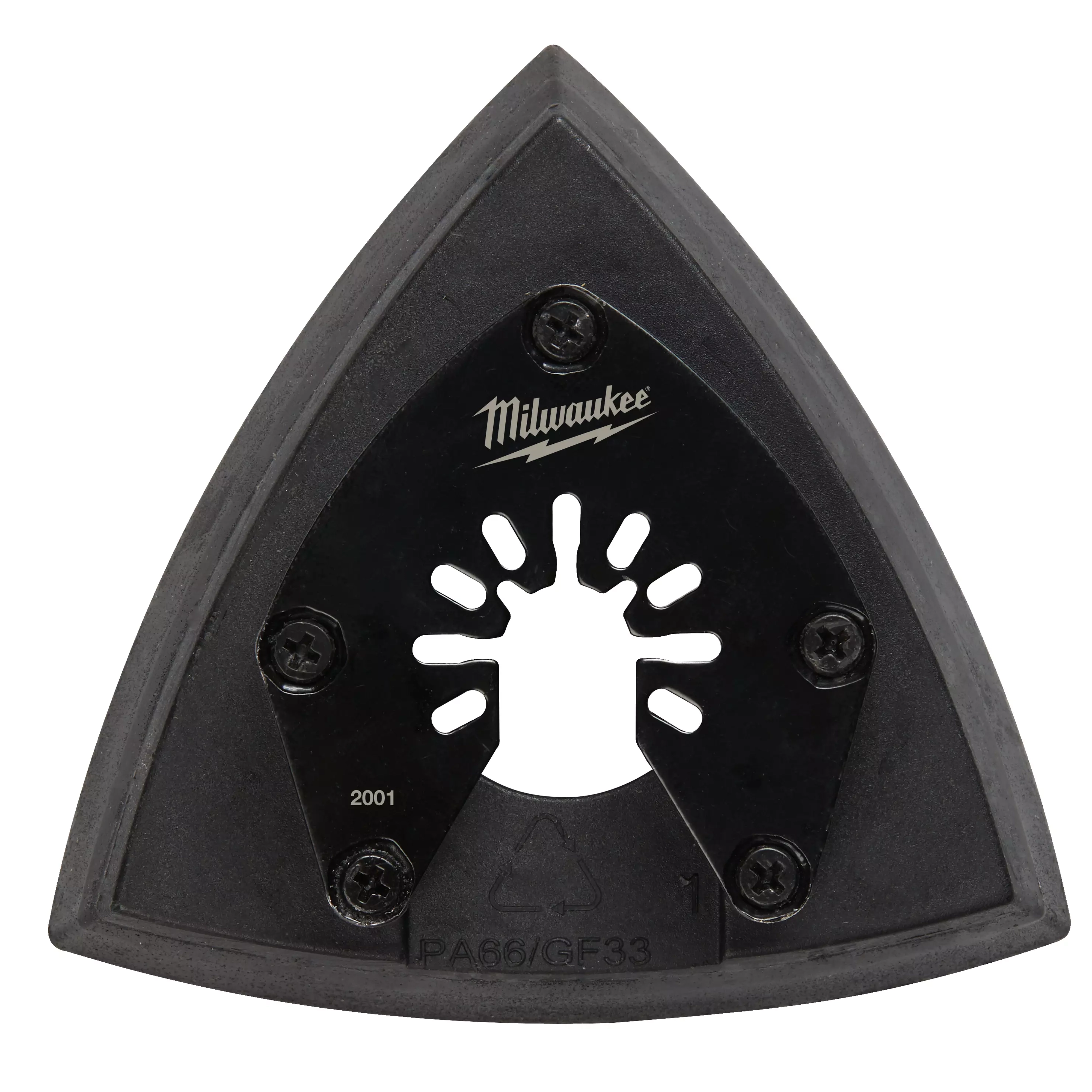 Milwaukee OMT Blades, 3-1/2" TRIANGLE SANDING PAD designed for sanding tasks, triangular with a central mounting hole and four screws.