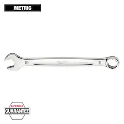 The image shows a Milwaukee 19mm metric combination wrench with an open-ended side and a box-end side. The wrench has a chrome finish and features a "Lifetime Guarantee" badge in the bottom left corner.