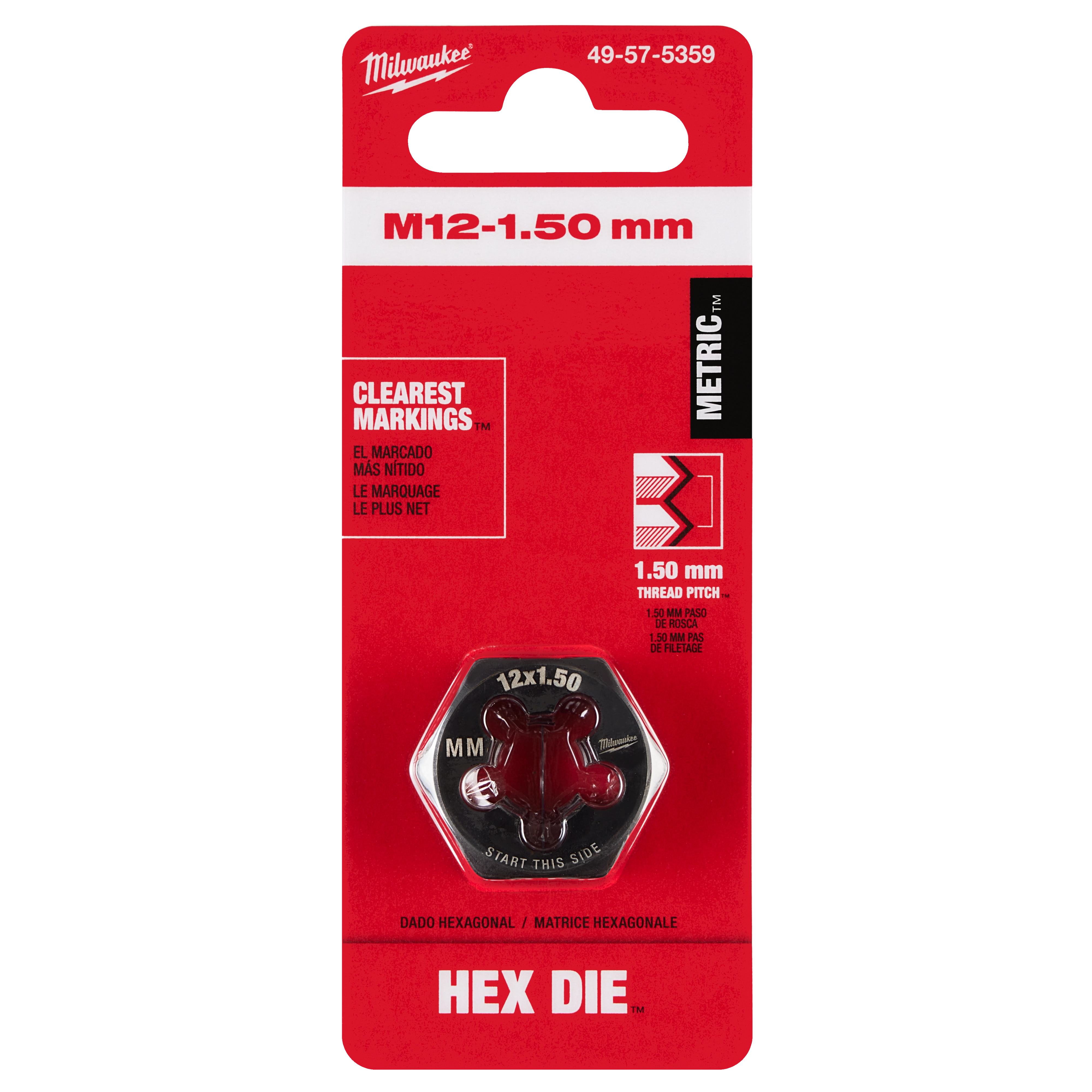 Packaging for M12-1.50 mm 1-Inch Hex Threading Die, featuring clear markings and a hexagonal shape for metric threading.