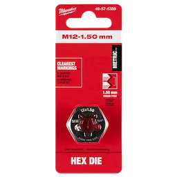 Packaging for M12-1.50 mm 1-Inch Hex Threading Die, featuring clear markings and a hexagonal shape for metric threading.