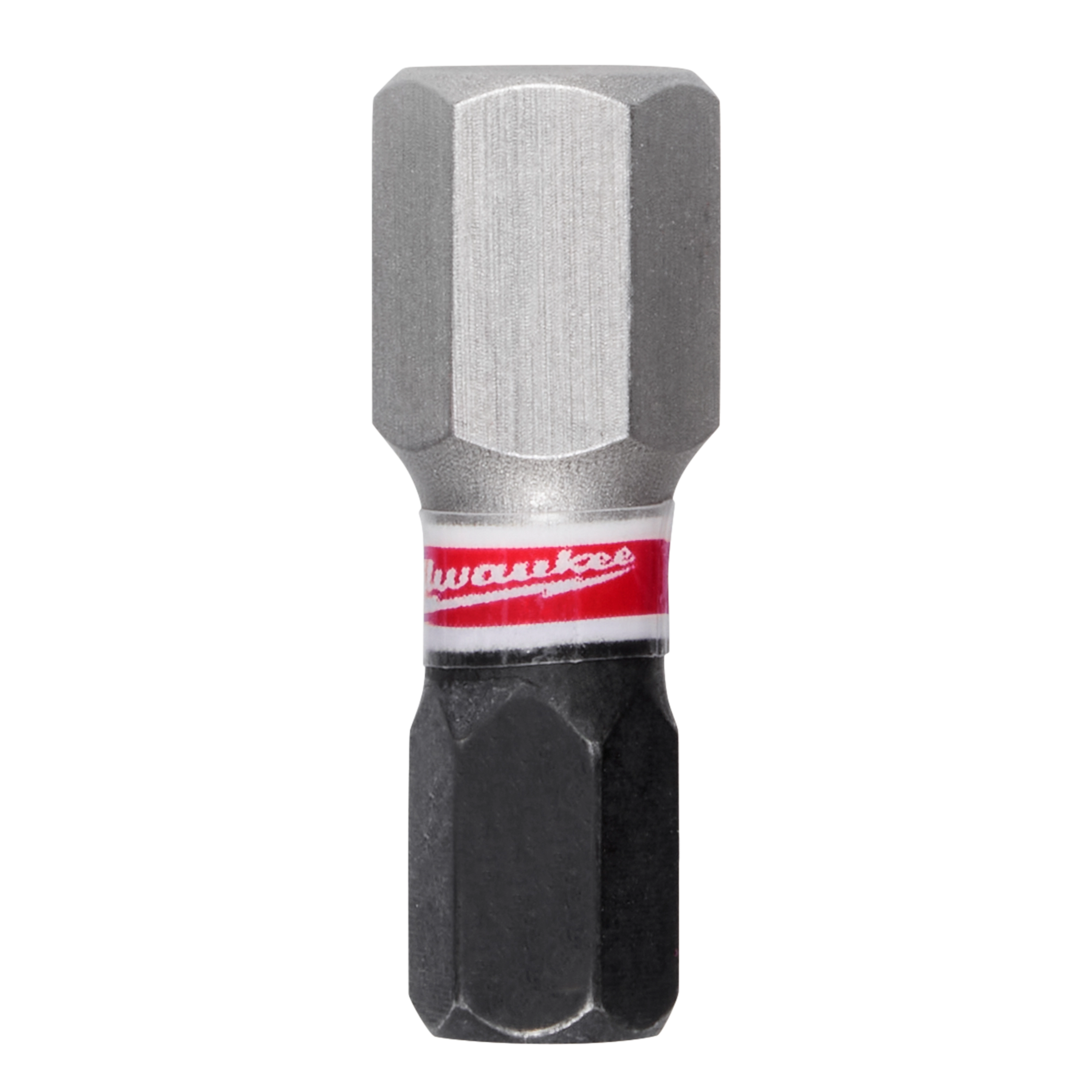 The image shows a single SHOCKWAVE™ 1" Impact Duty Hex 8 MM Insert Bit. The hex bit has a silver tip and a black bottom with a red band in the middle displaying the Milwaukee logo.