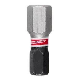 The image shows a single SHOCKWAVE™ 1" Impact Duty Hex 8 MM Insert Bit. The hex bit has a silver tip and a black bottom with a red band in the middle displaying the Milwaukee logo.