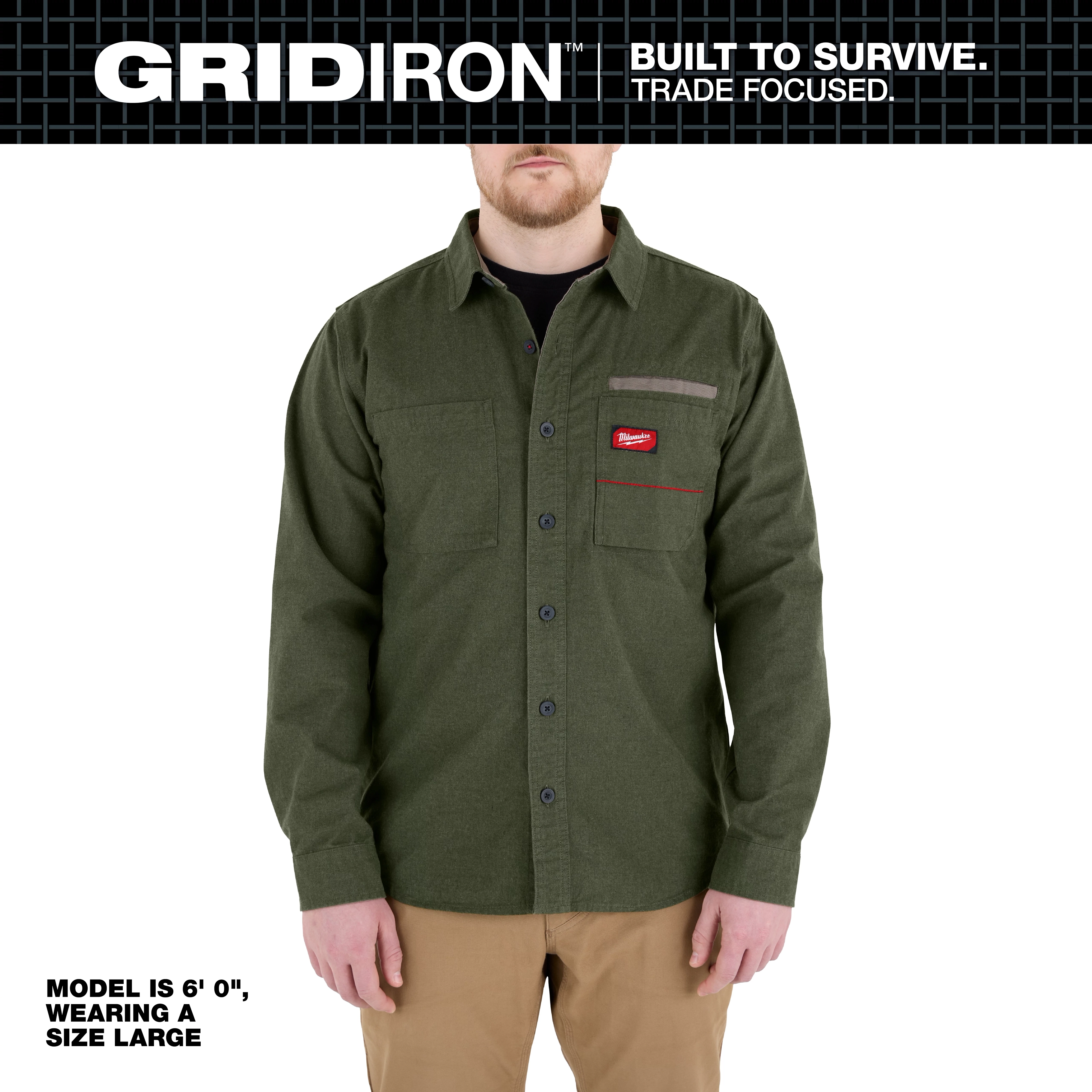 Person wearing an olive GRIDIRON Flannel Shirt with button front and chest pockets against a white background.