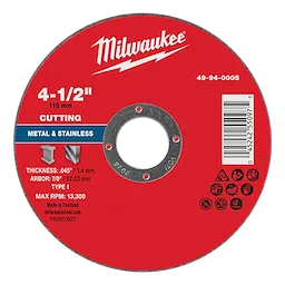 4-1/2" x .045" x 7/8" Metal Cut Off Wheel-Type 1 with a red label showing product specifications and a barcode.