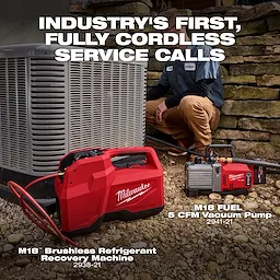 Milwaukee M18 Brushless Refrigerant Recovery Machine in red is shown in a service setup next to an HVAC unit and a vacuum pump.