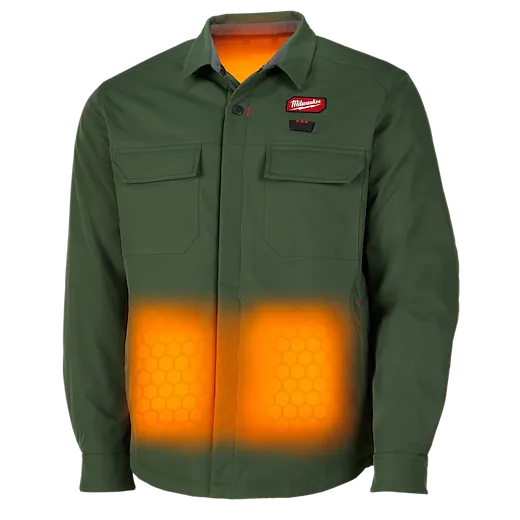 The M12(TM) Heated Shirt Jacket is a green outerwear piece with built-in heating elements that are visibly activated and glow orange at the waist area. It features a button-up front, two chest pockets with flaps, and the Milwaukee logo on the chest.