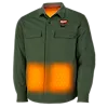The M12(TM) Heated Shirt Jacket is a green outerwear piece with built-in heating elements that are visibly activated and glow orange at the waist area. It features a button-up front, two chest pockets with flaps, and the Milwaukee logo on the chest.
