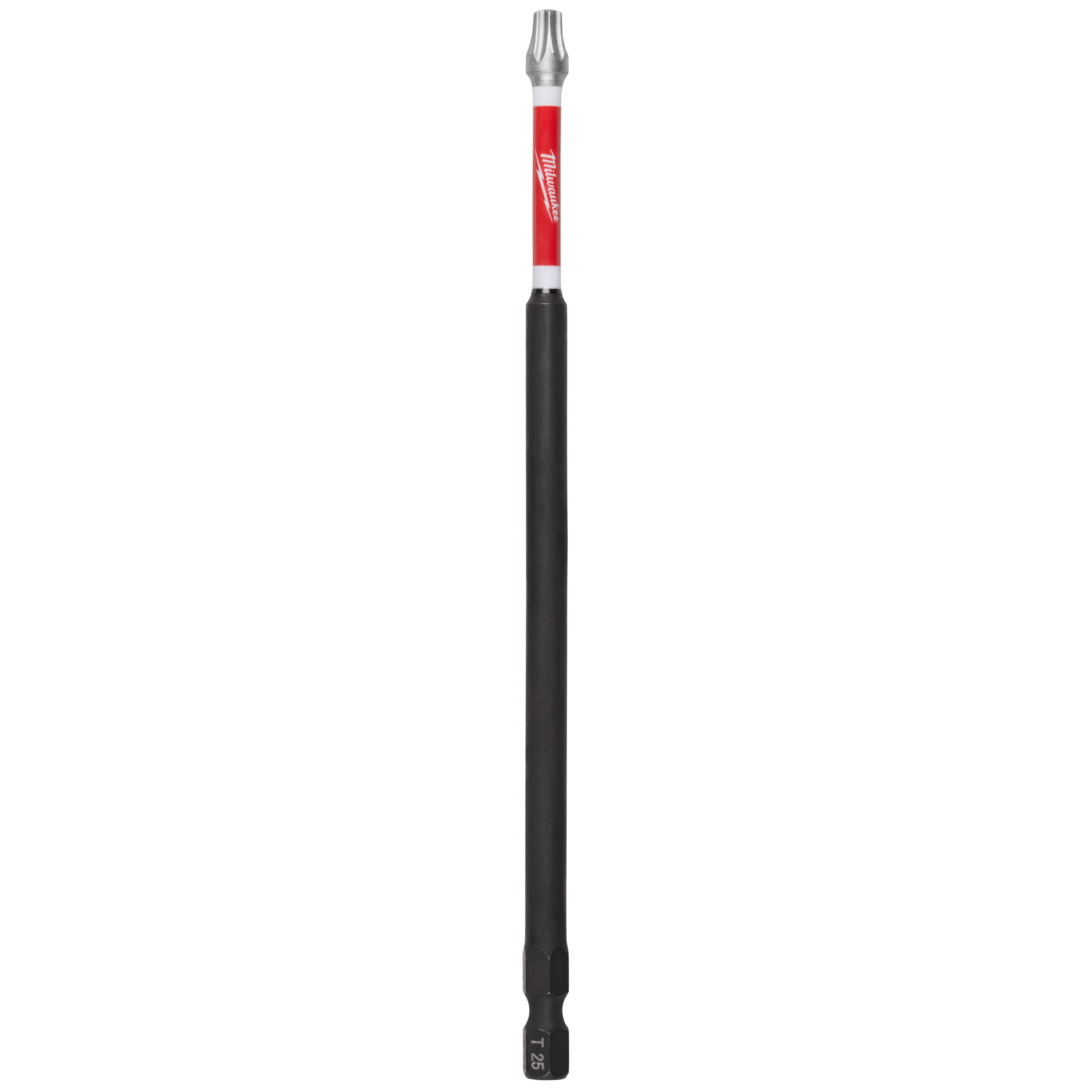 Image of a SHOCKWAVE™ 6" Power Bit TORX® T25 Power Bit. It is a long, black drill bit with a TORX® T25 head, featuring a red section near the top with the Milwaukee logo.