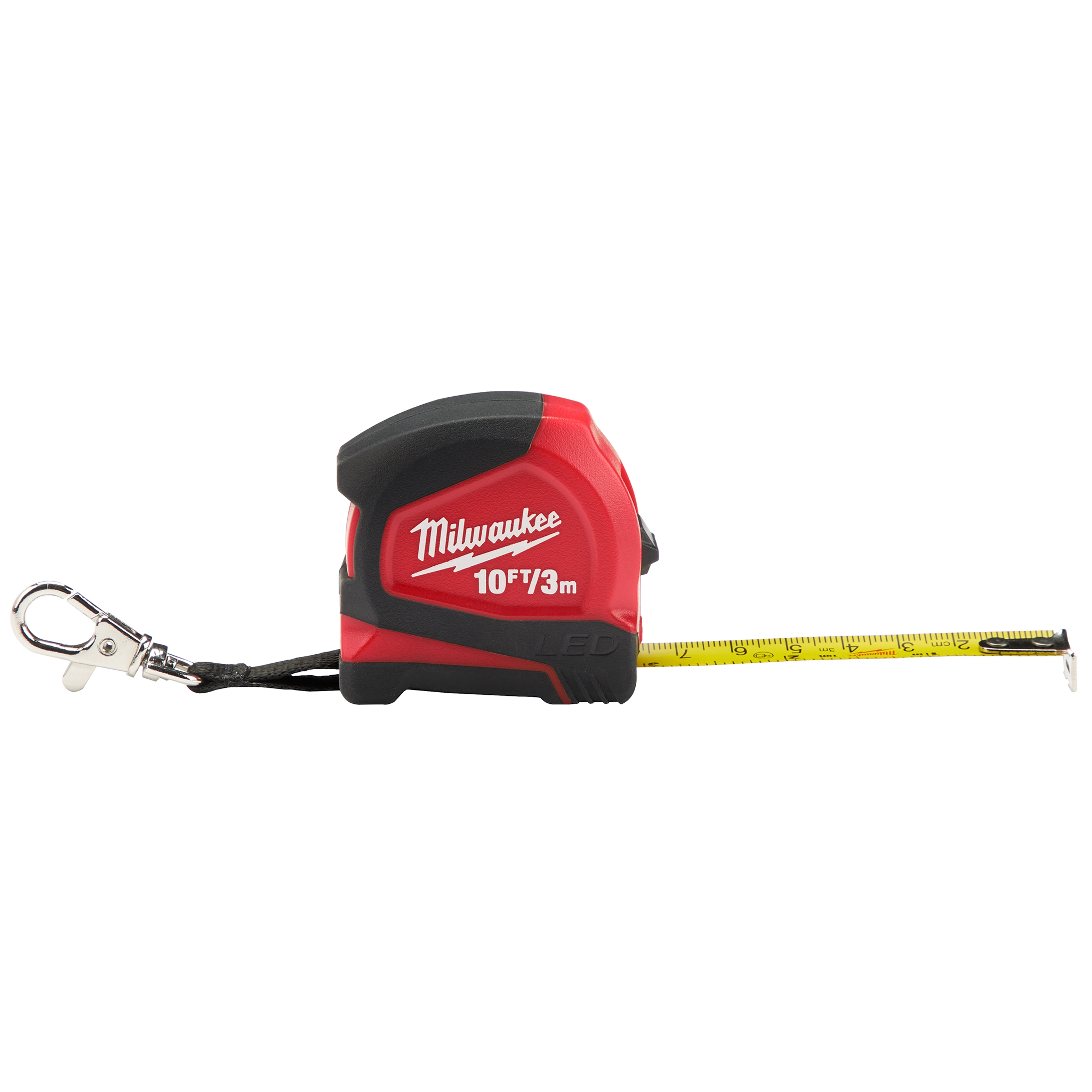 Red and black 10ft/3m keychain tape measure with LED light, featuring a metal keyring and partially extended yellow measuring tape.