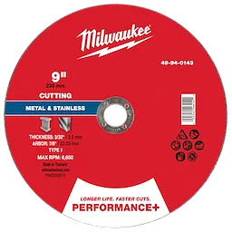 9" x 3/32" x 7/8" Performance+ Metal Cut Off Wheel - Type 1 for cutting metal and stainless steel. Red circular blade.