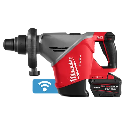 Milwaukee M18 FUEL 18lb SDS MAX Demolition Hammer Kit featuring a red and black design, battery attached, and wireless connectivity.