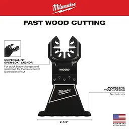 Milwaukee Open-Lok 2-1/2" HCS Wood Multi-Tool Blade, featuring universal fit, aggressive tooth design, and fast wood cutting.