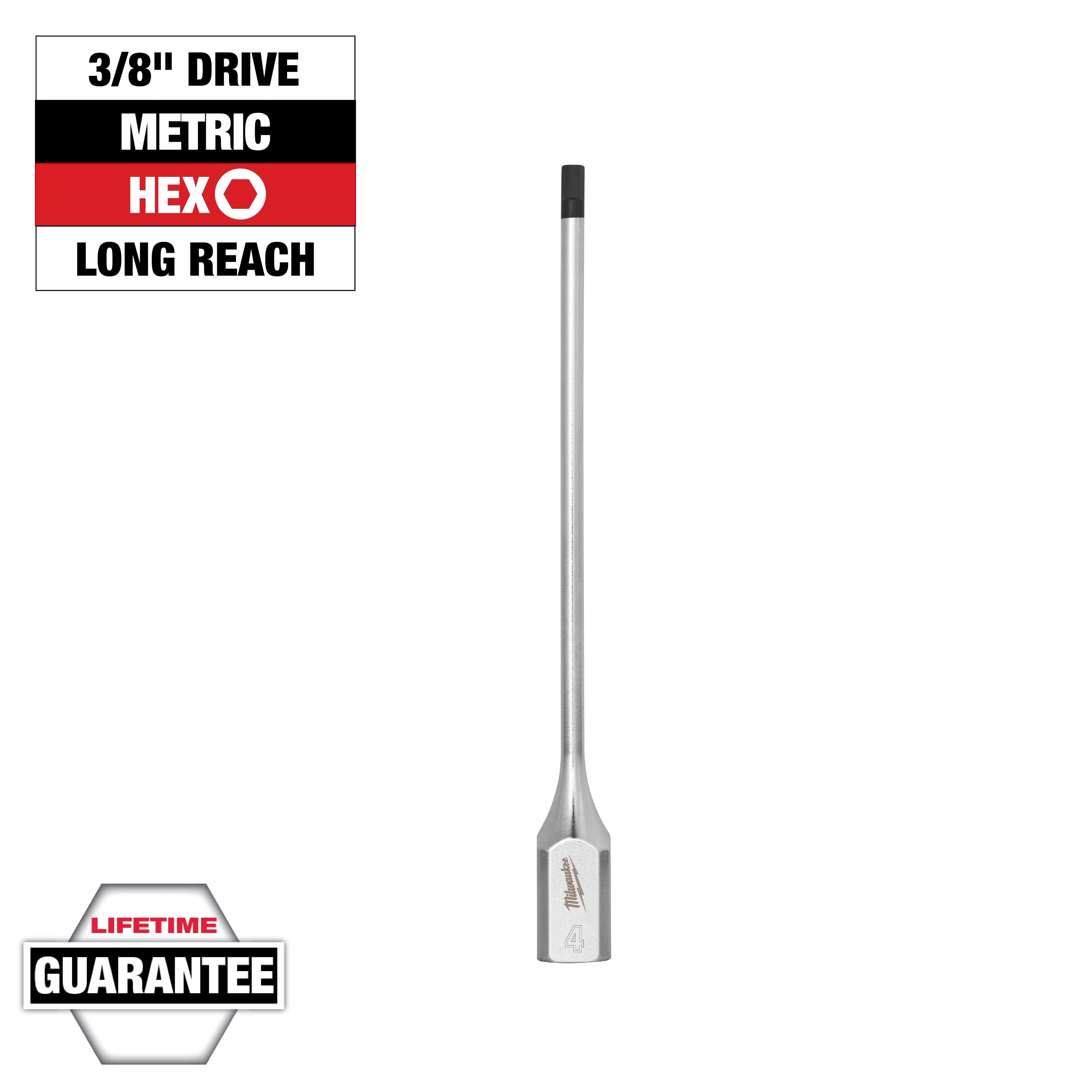 3/8" Drive 4mm Long Hex Bit Socket with a silver finish, long reach design, and lifetime guarantee signage.