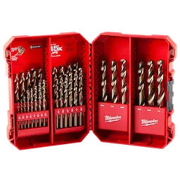 RED HELIX™ Cobalt Drill Bit Set – 29PC in a red plastic case. The case includes rows of various-sized cobalt drill bits organized and held in place. The interior case is labeled with sizing and the Milwaukee logo.