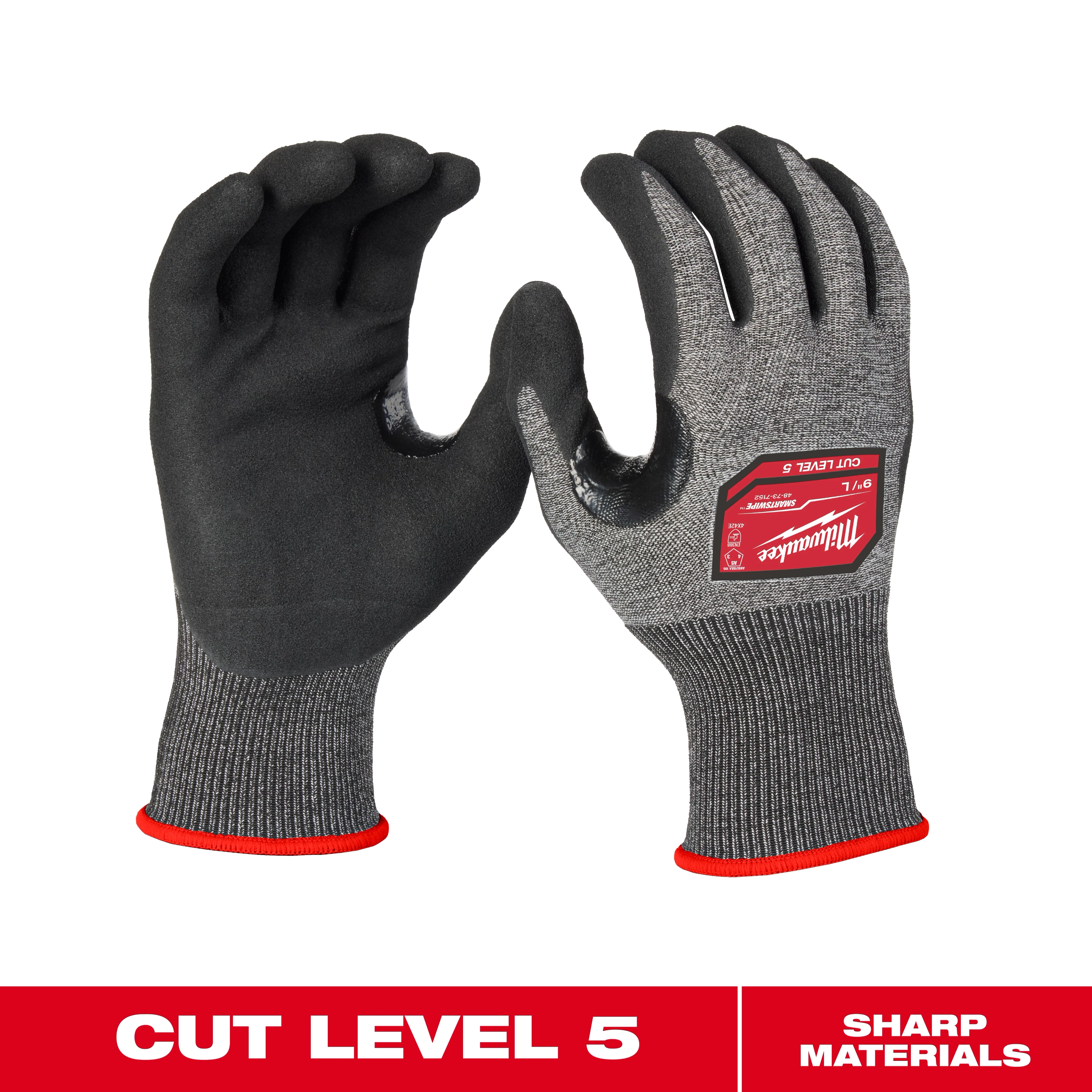 Cut Level 5 High-Dexterity Nitrile Dipped Gloves with black palms and fingers, gray backs, and a red A5 cut level label.