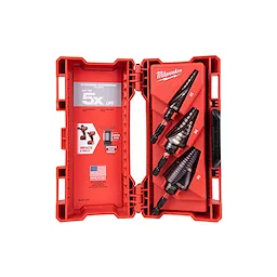 The SHOCKWAVE Impact Duty Titanium Step Bit Kit (3-Piece) is shown in a red case with three titanium step drill bits securely positioned. The interior includes product details emphasizing durability and performance. The case is labeled with the brand logo and specifications in bold text.
