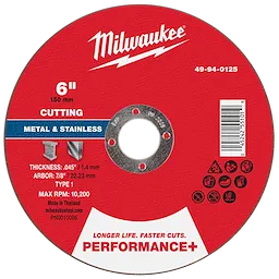 6" x .045" x 7/8" Performance+ Metal Cut Off Wheel, Type 1 for cutting metal and stainless. Maximum RPM: 10,200.
