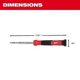 14-in-1 Precision Multi-Bit Screwdriver showing dimensions of 7.37 inches in length and .91 inches in width, with a red and black handle.