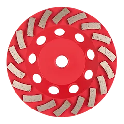 Image of a red 5" DIAMOND MAX™ Turbo Diamond Cup Wheel - 18 Segment, featuring multiple curved, grey segments positioned radially around the wheel with several circular holes near the center.
