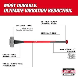 8lb Sledge Hammer (36" Handle) featuring SecureStrike handle connection, ShockShield handle, anti-slip grip, and overstrike protection.