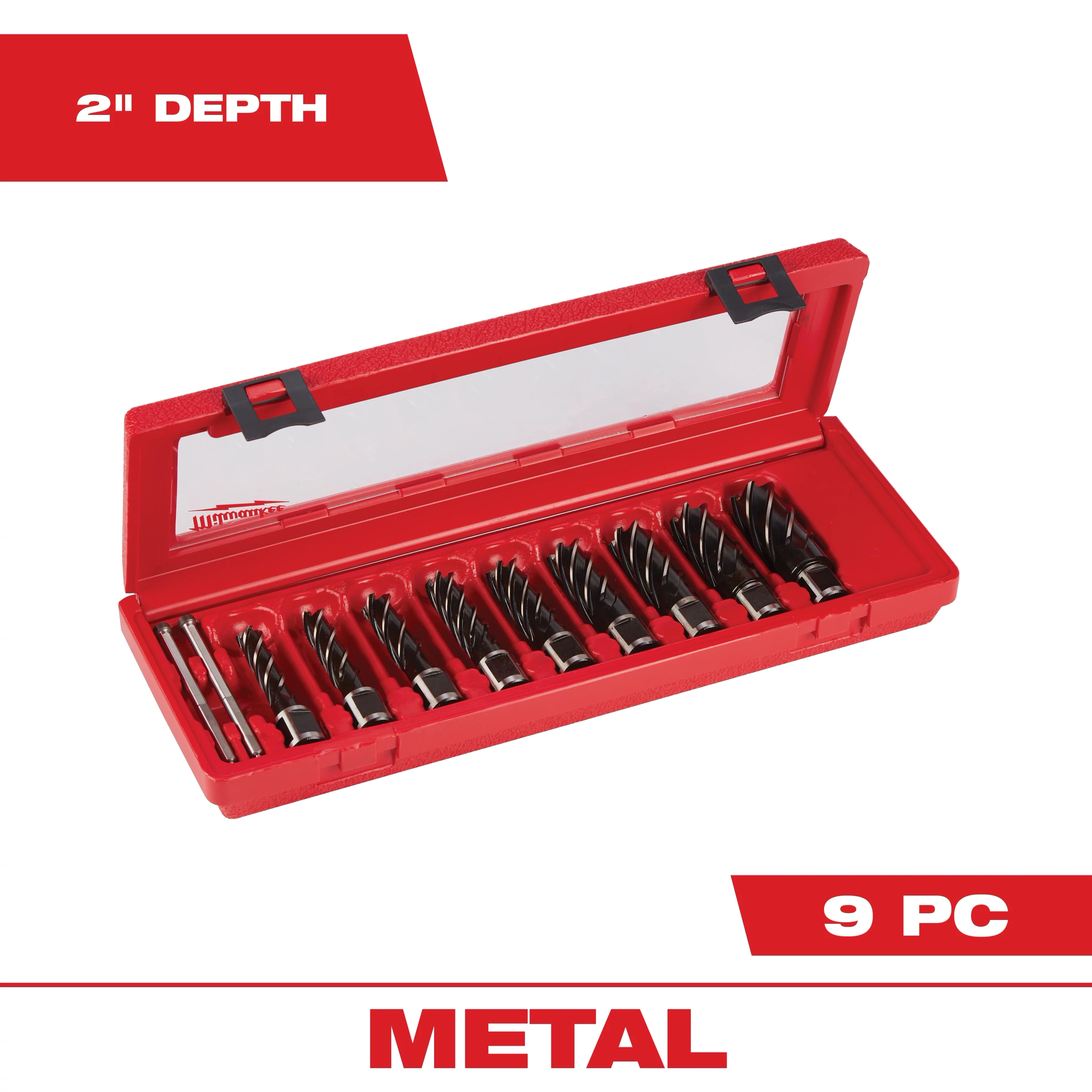 High Speed Steel Annular Cutter Kit With 3/4 in. Weldon Shank (9-Piece) in a red storage case. The kit includes various sizes of annular cutters and two pilot pins, used for drilling metal with a 2-inch depth capacity.